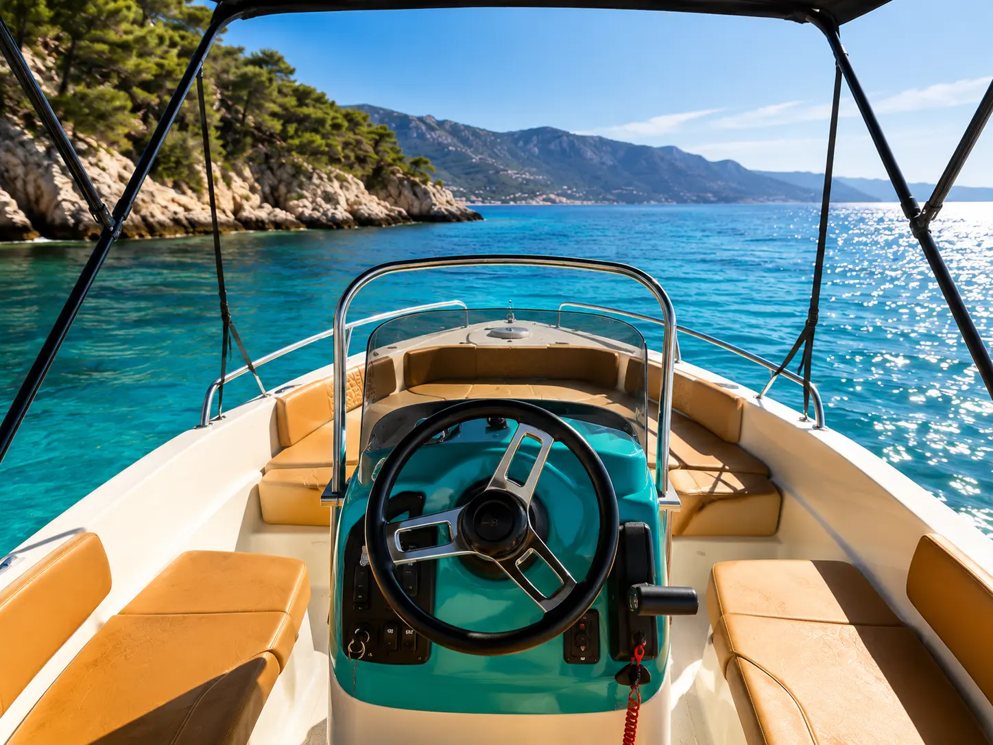 Interior view from the Riptide boat toward the Rhodes coastline