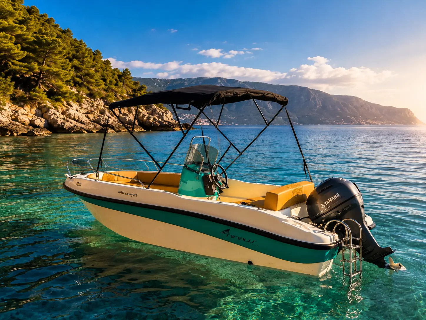 Riptide boat exterior cruising along the Rhodes coastline